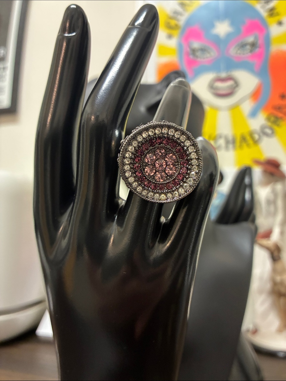 Y2K Vintage Crystal Pink Round Cocktail Statement Ring Costume Jewelry